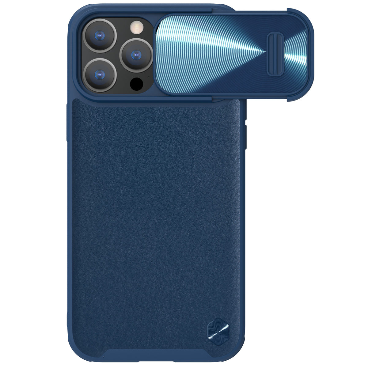 Capa de Couro Nillkin CamShield S para iPhone 14 Pro com proteção para a câmera na cor azul.