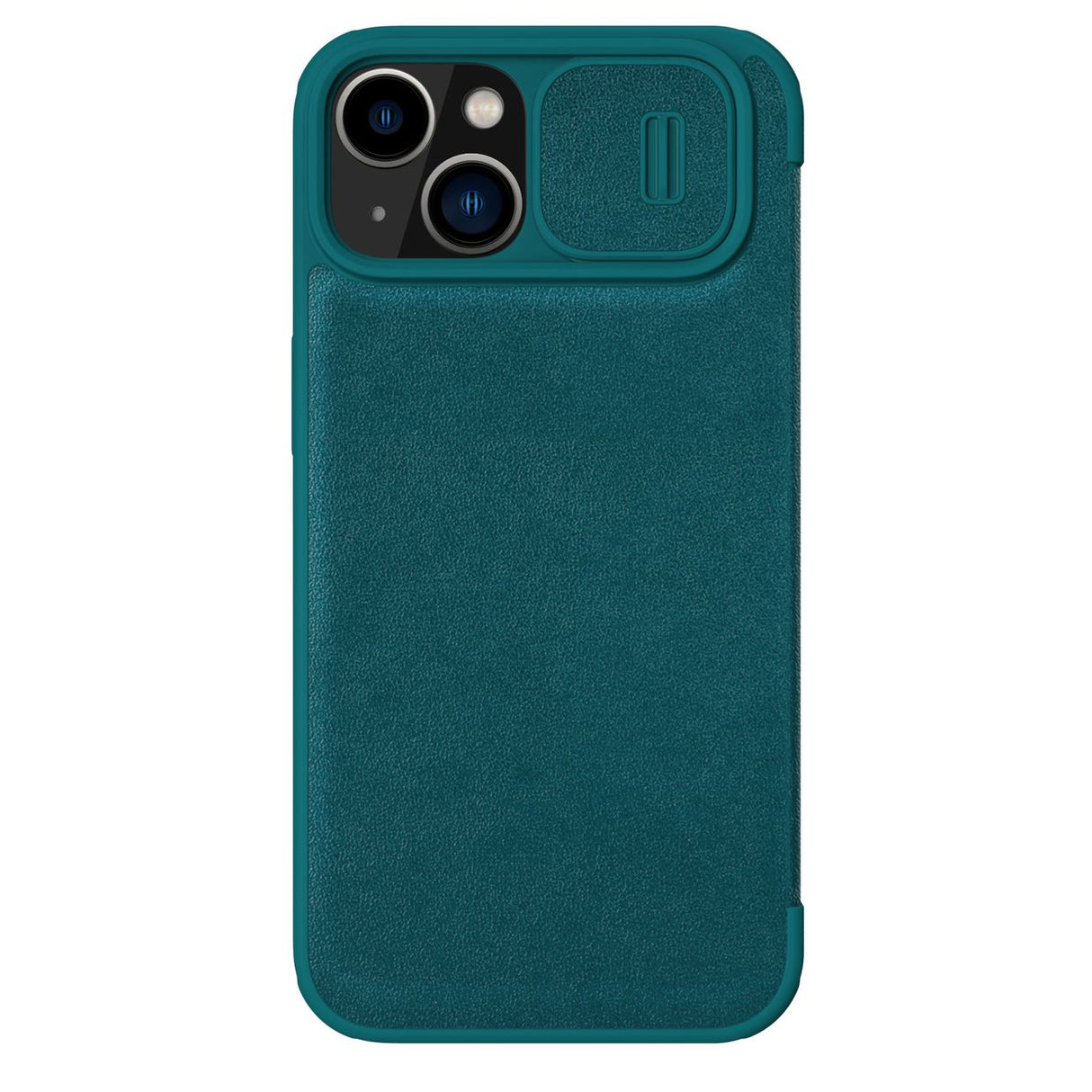 Capa de Couro Nillkin Qin Pro para iPhone 14 Plus, capa protetora para câmera, coldre, estojo com aba na cor verde.
