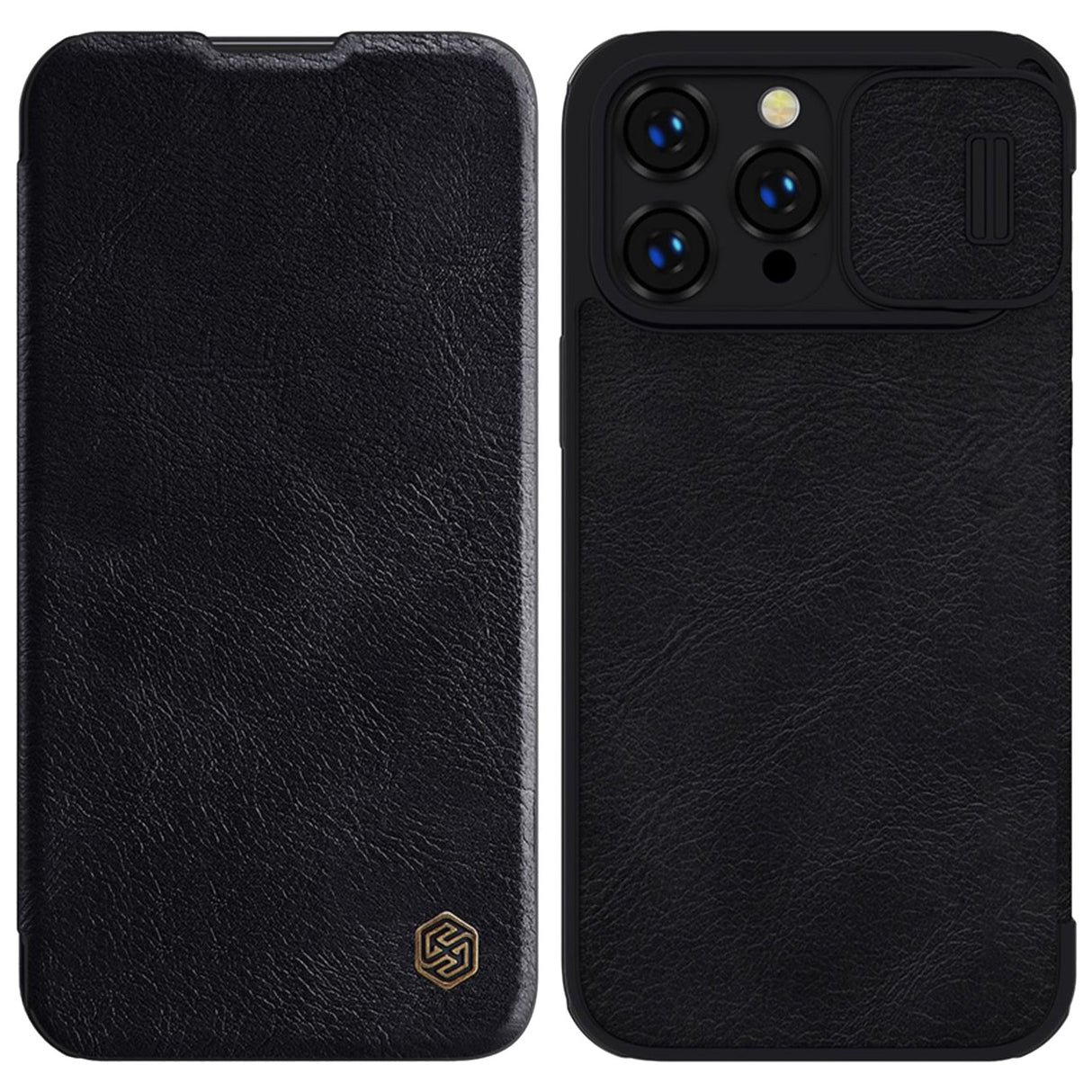 Capa de Couro Nillkin Qin Pro para iPhone 14 Pro Max, capa protetora para câmera, estojo, bolsa, capa com aba, preta.