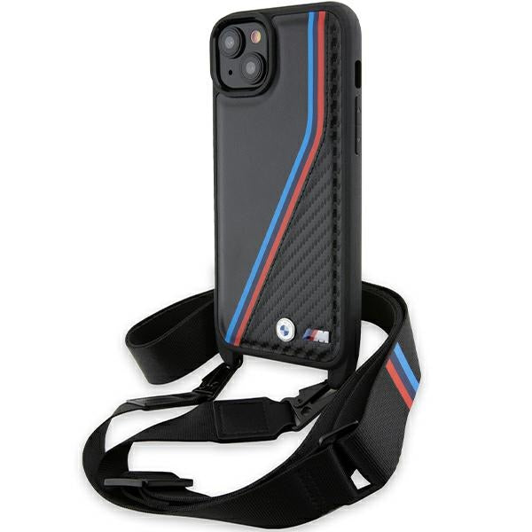 Capa BMW M Edition Carbon Tricolor Lines & Strap para iPhone 15 / 14 / 13 - preta