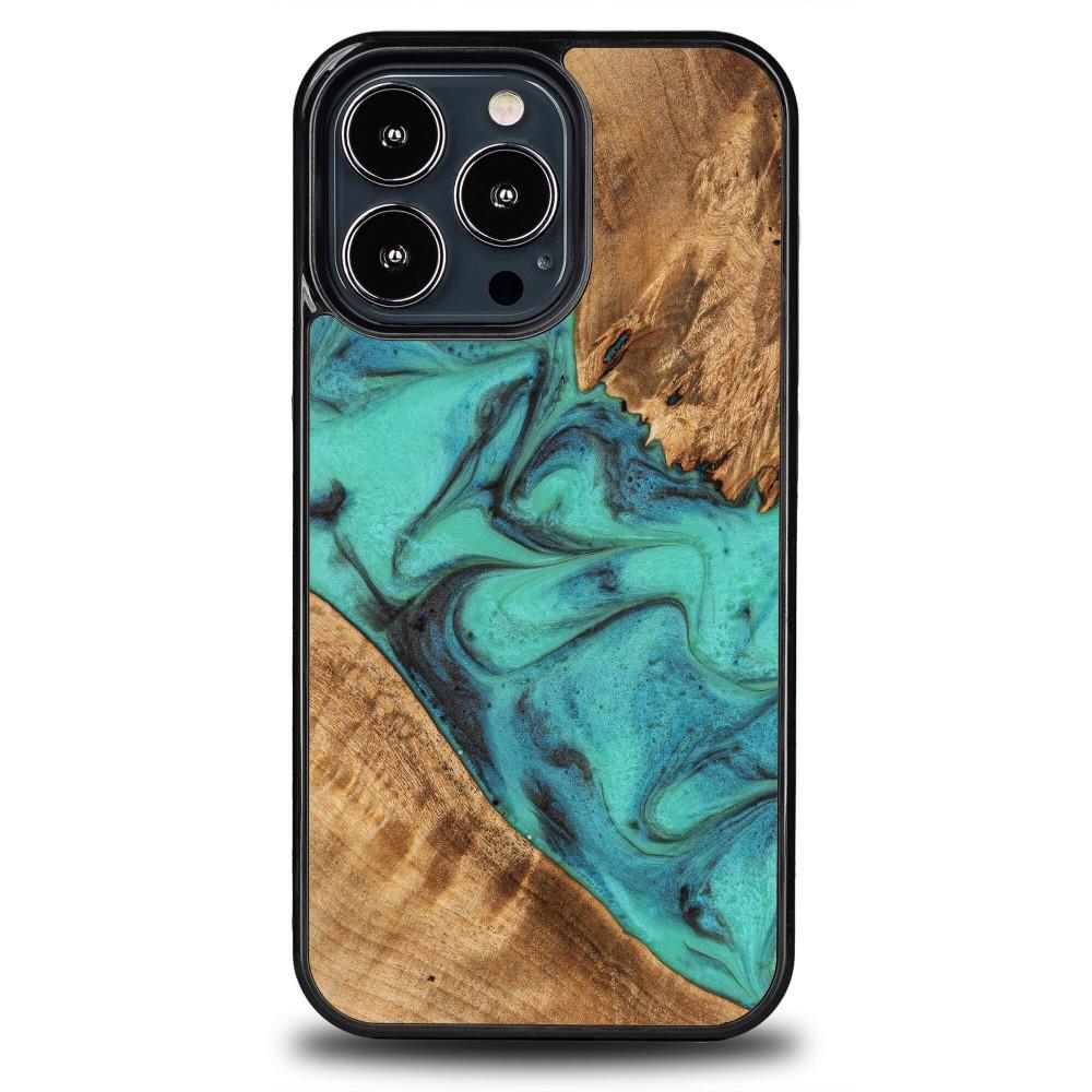 Estojo de madeira e resina para iPhone 13 Pro Bewood Unique Turquoise - turquesa e preto