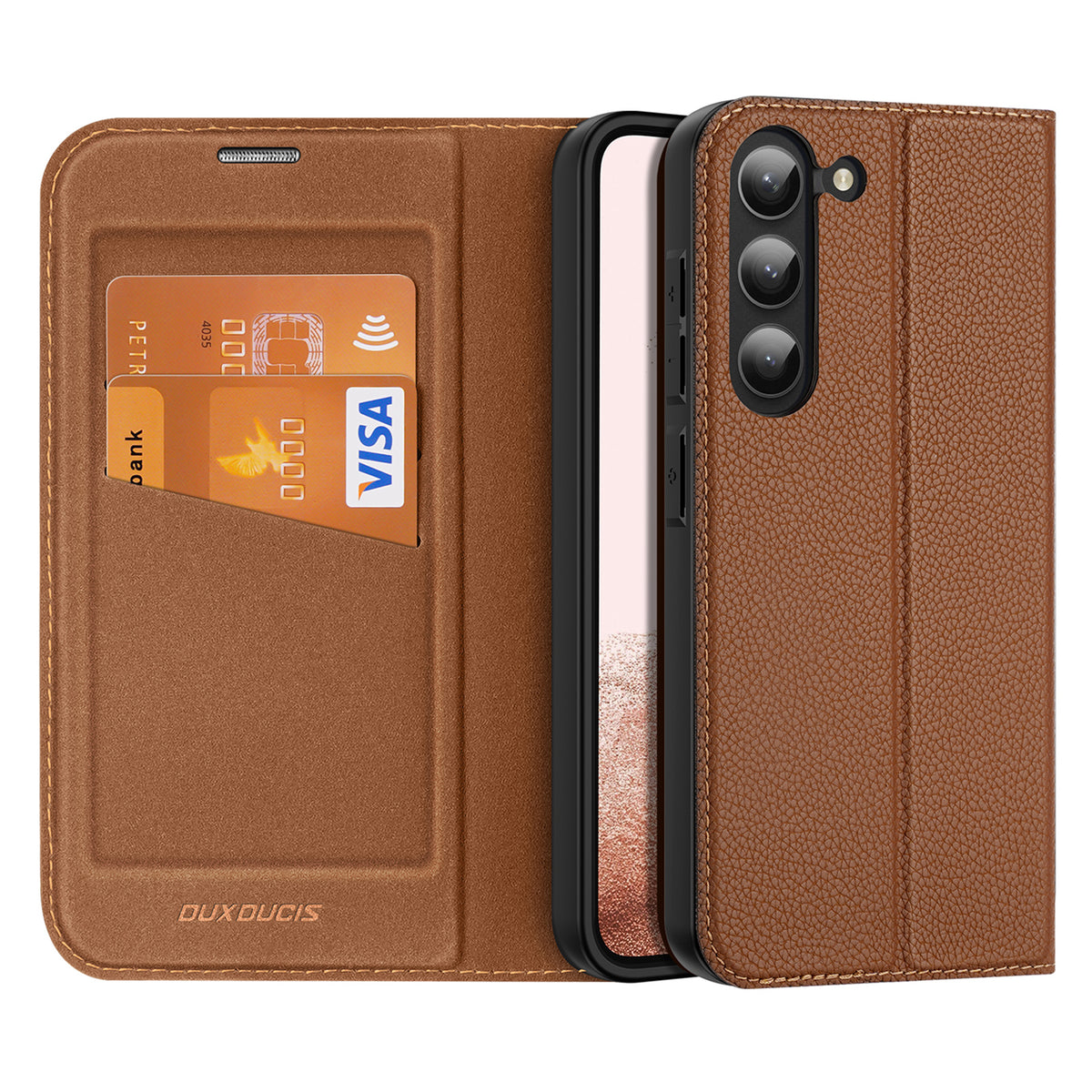 Dux Ducis Skin X2 capa para Samsung Galaxy S23 com aba, carteira e suporte na cor castanho