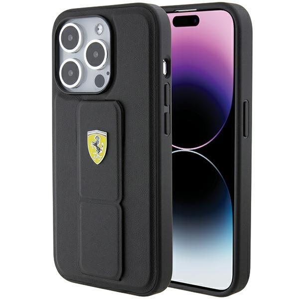 Capa Ferrari Grip Stand com Logo Metálico para iPhone 15 Pro - preta