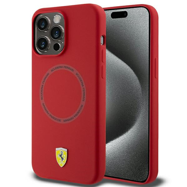 Capa Ferrari de Silicone com Anel Impresso MagSafe para iPhone 15 Pro Max - vermelha
