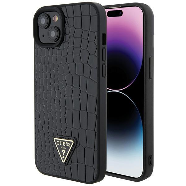 Capa Guess Croco Triangle Metal Logo para iPhone 15 - preta
