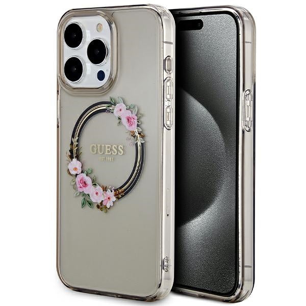 Etui Guess IML Flowers Wreath MagSafe para iPhone 15 Pro Max - preto