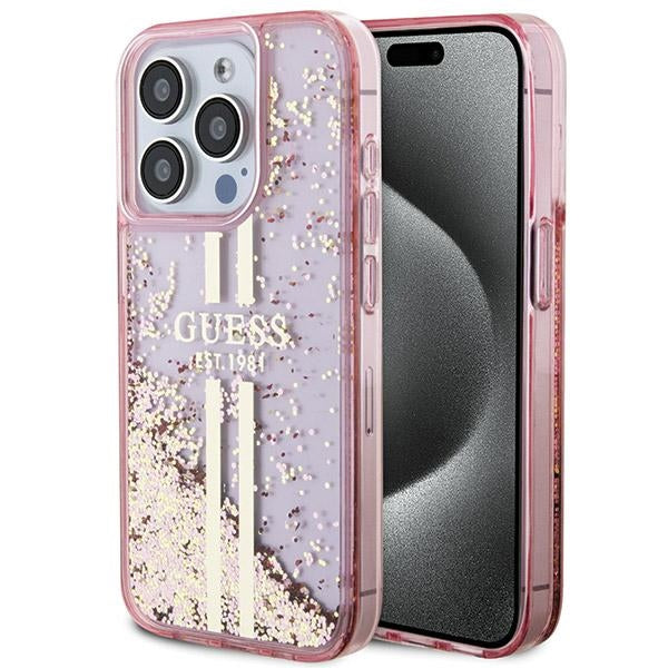 Capa Guess Liquid Glitter Gold Stripes para iPhone 15 Pro Max - rosa