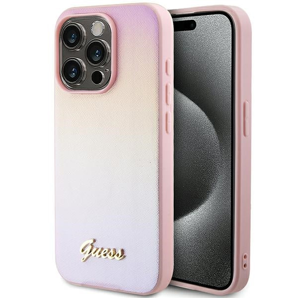 Etui Guess Saffiano Iridescente Script para iPhone 15 Pro - rosa