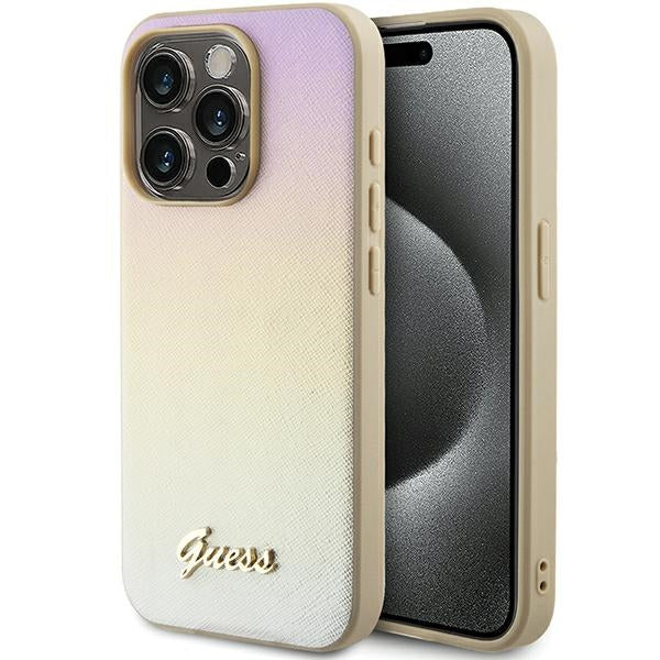 Etui Guess Saffiano Iridescente Script para iPhone 15 Pro - dourado