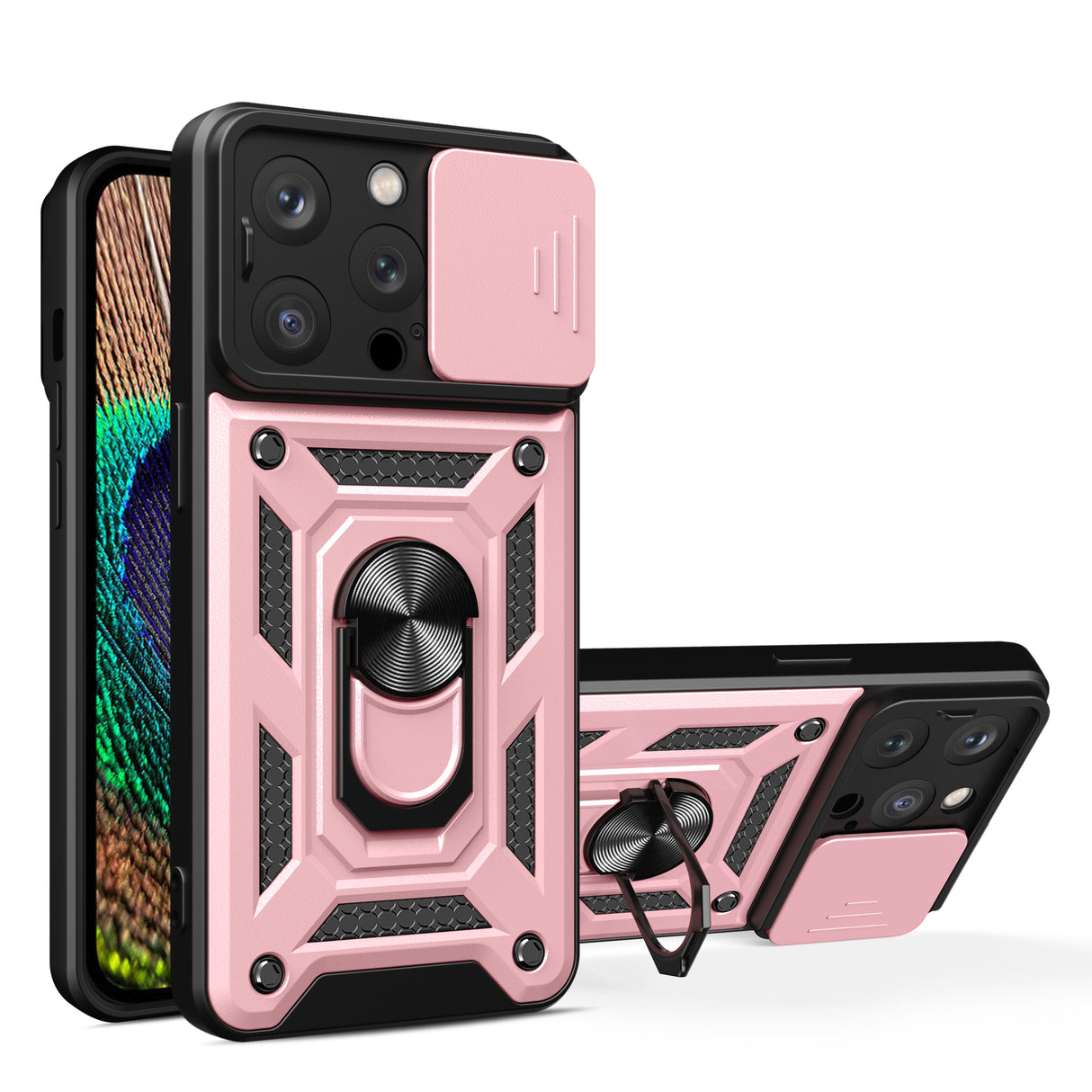 Capa blindada com suporte e proteção para câmera para iPhone 15 Pro Hybrid Armor Camshield - rosa