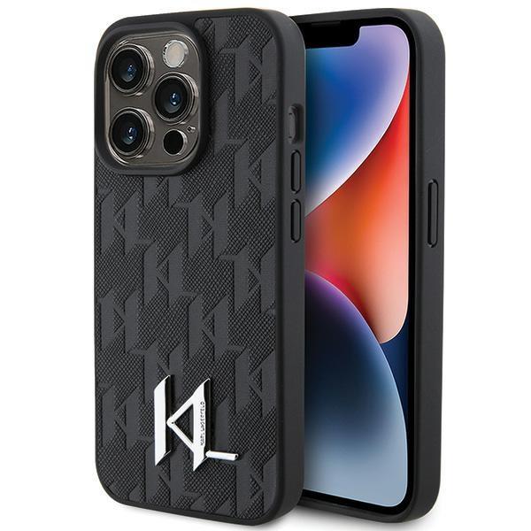 Etui Karl Lagerfeld de Couro com Monograma e Logo em Metal Estampado a Quente para iPhone 15 Pro Max - Preto