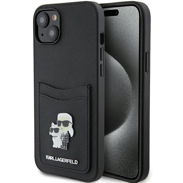 Etui Karl Lagerfeld Saffiano Cardslot Karl&Choupette Metal Pin para iPhone 15 - preto