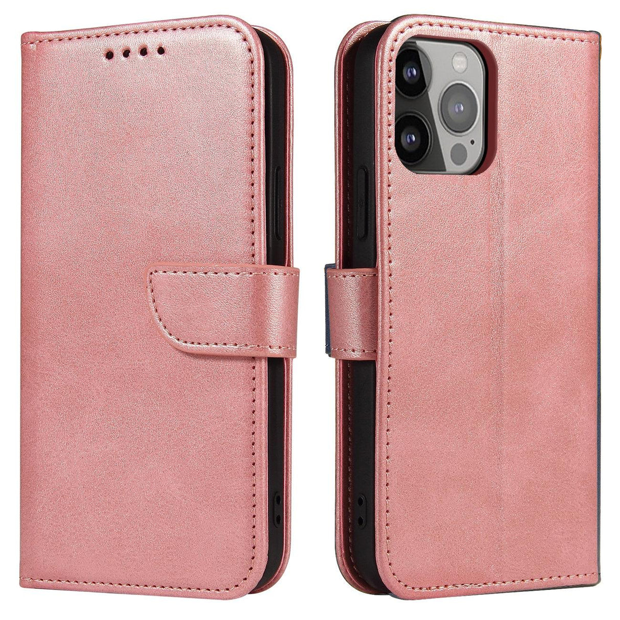 Capa Magnética para iPhone 14 Pro Max com aba, carteira e suporte na cor rosa.