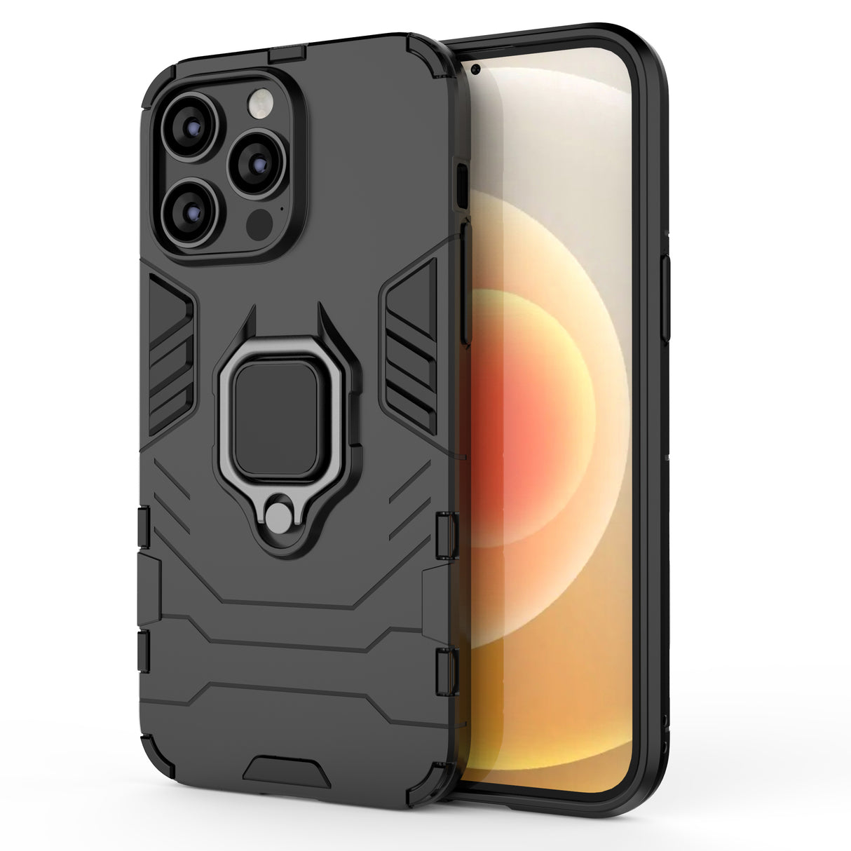 Capa blindada Ring Armor para iPhone 14 Pro com suporte magnético e anel na cor preta.
