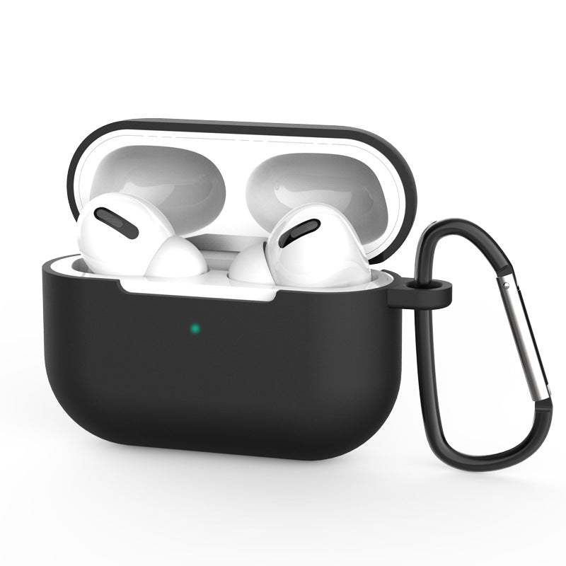 Estojo de silicone macio para AirPods Pro, capa para fones de ouvido + chaveiro mosquetão preto (case D)