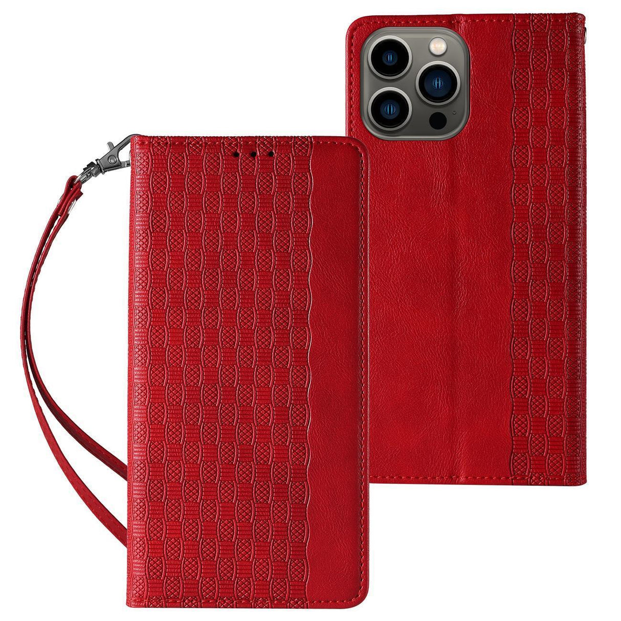 Capa com Alça Magnética para Samsung Galaxy S23+ com aba, porta-cartões, mini cordão e suporte na cor vermelha.