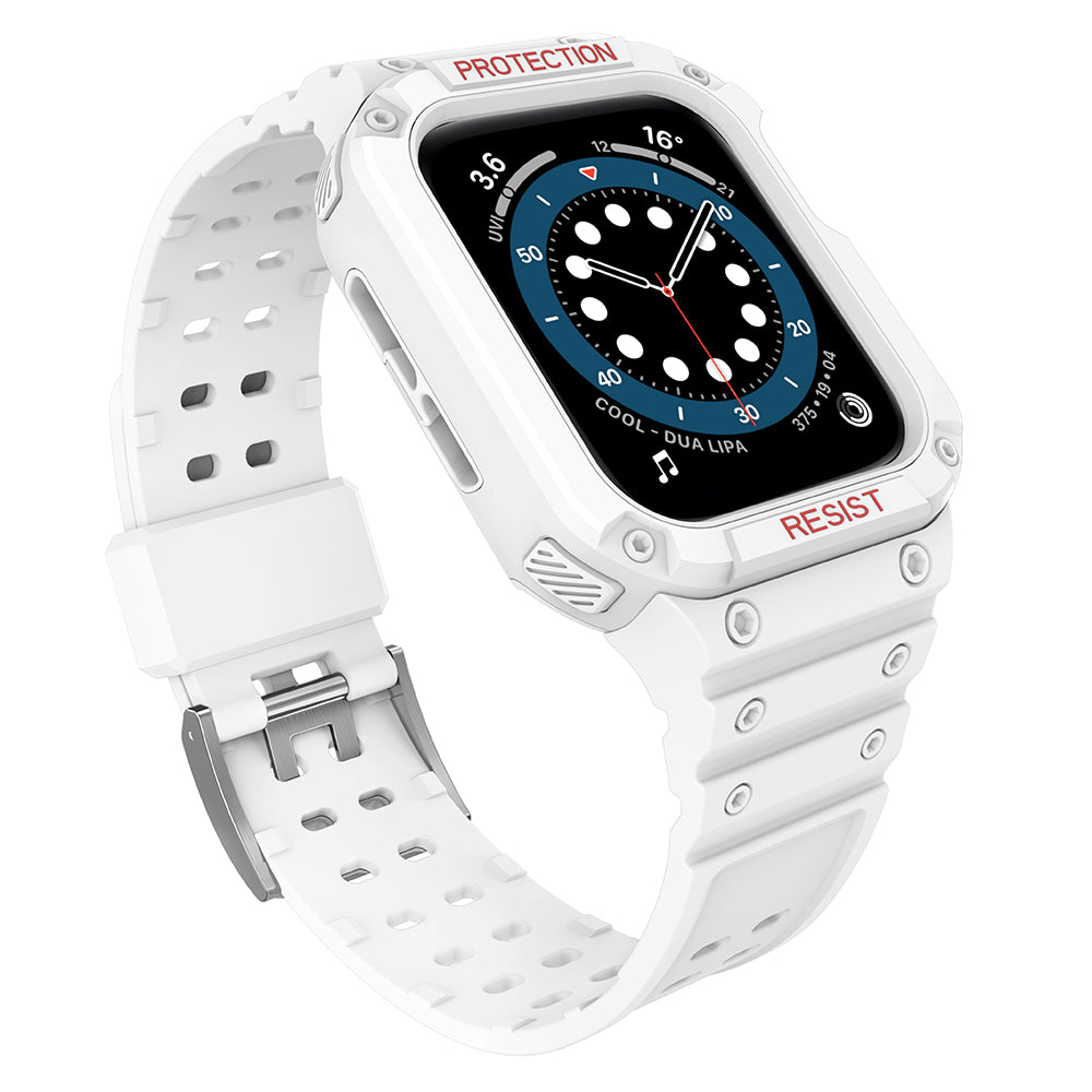 Protect Strap Band pulseira com estojo para Apple Watch 7 / 6 / 5 / 4 / 3 / 2 / SE (41 / 40 / 38mm) capa protetora robusta para relógio branco