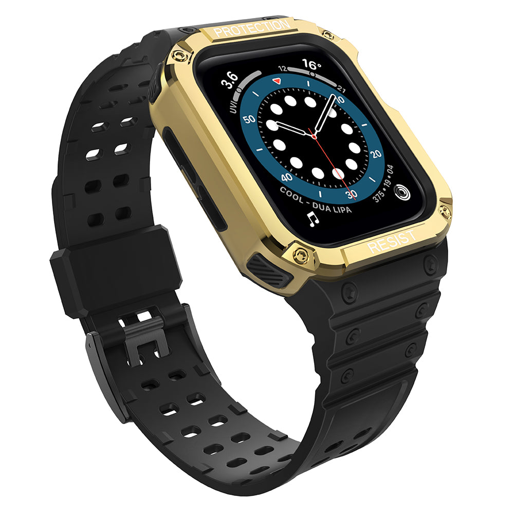 Protect Strap Band pulseira com estojo para Apple Watch 7 / 6 / 5 / 4 / 3 / 2 / SE (45 / 44 / 42mm) capa protetora robusta para relógio preto / dourado