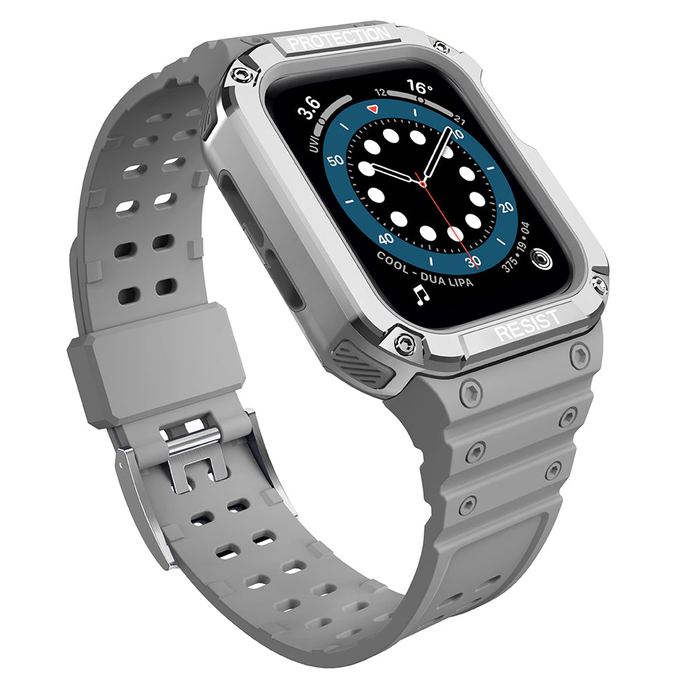 Protect Strap Band pulseira com estojo para Apple Watch 7 / 6 / 5 / 4 / 3 / 2 / SE (45 / 44 / 42mm) capa protetora robusta para relógio na cor cinza
