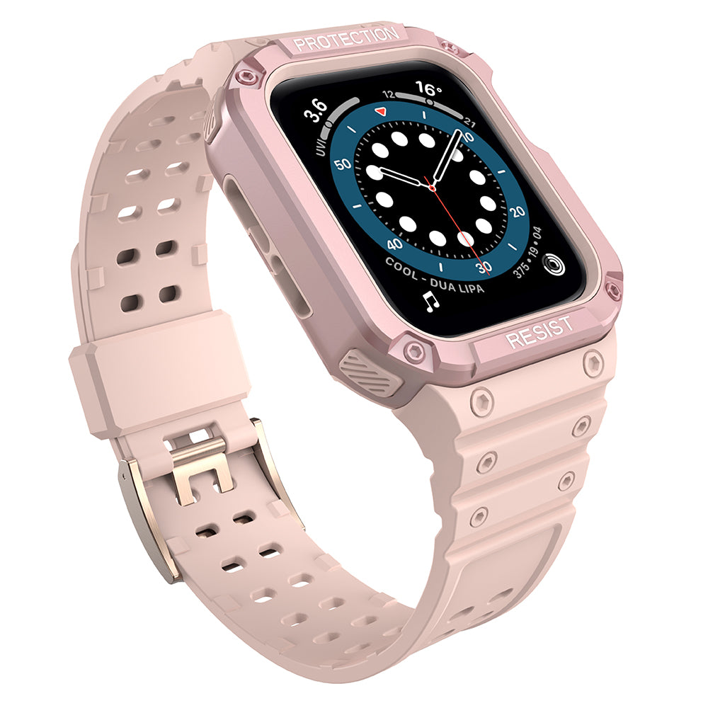 Protect Strap Band pulseira com estojo para Apple Watch 7 / 6 / 5 / 4 / 3 / 2 / SE (45 / 44 / 42mm) capa protetora robusta para relógio na cor rosa