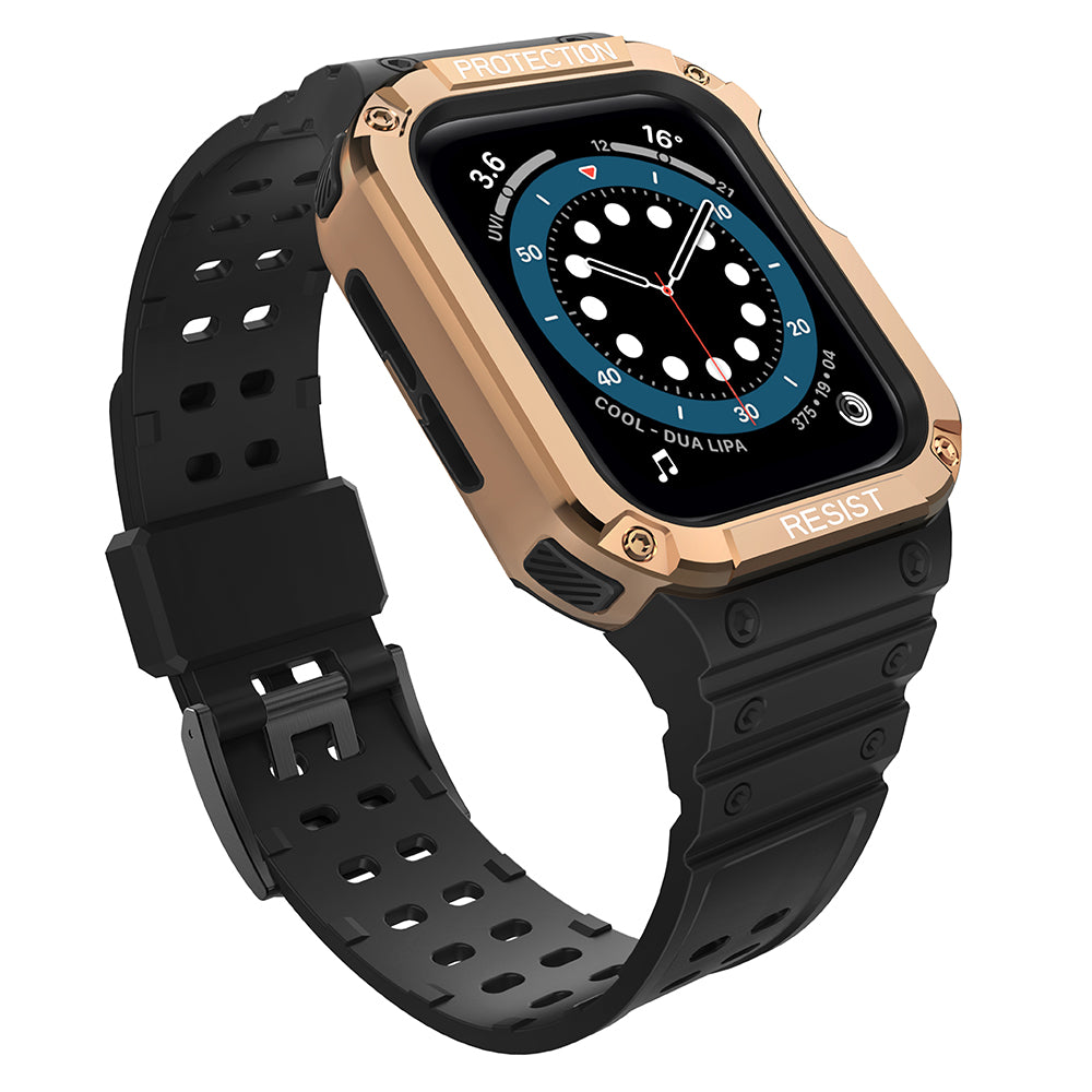 Protect Strap Band pulseira com estojo para Apple Watch 7 / 6 / 5 / 4 / 3 / 2 / SE (45 / 44 / 42mm) capa protetora robusta para relógio preto / ouro rosa