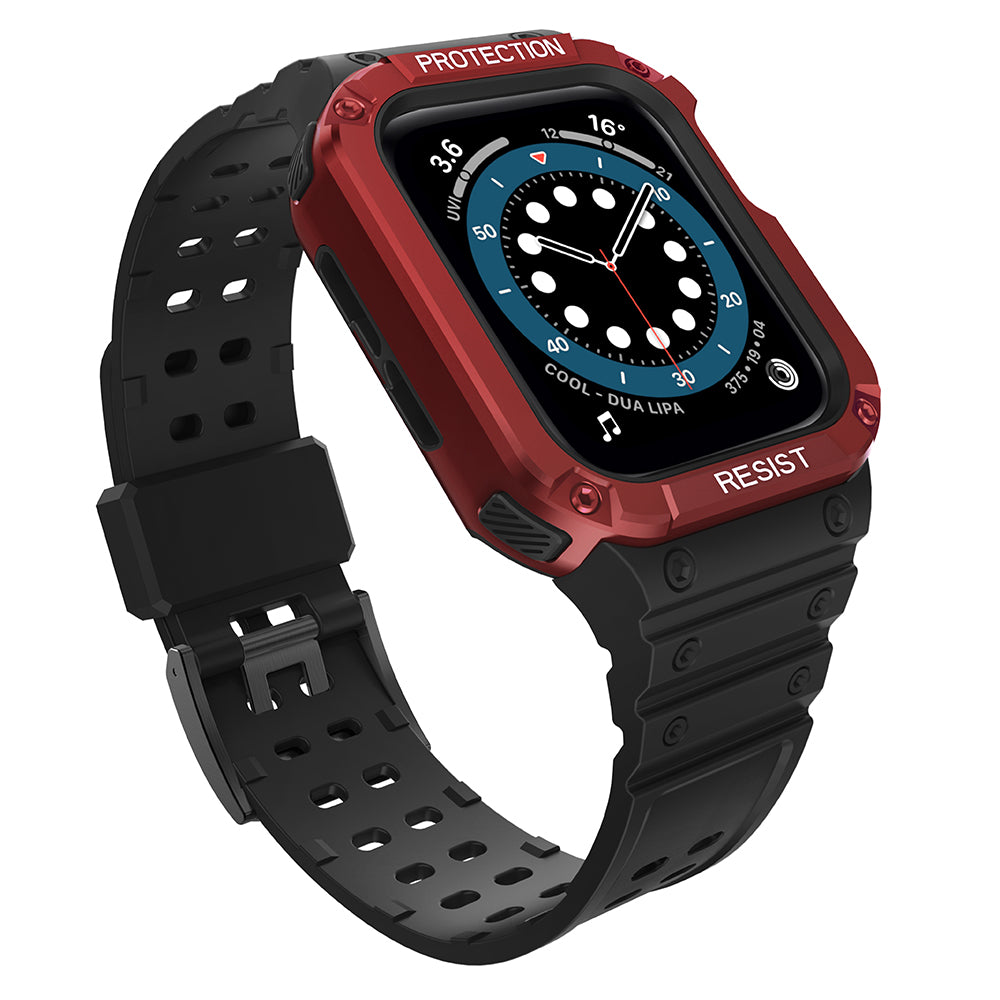 Protect Strap Band pulseira com estojo para Apple Watch 7 / 6 / 5 / 4 / 3 / 2 / SE (45 / 44 / 42mm) capa protetora robusta para relógio preto / vermelho