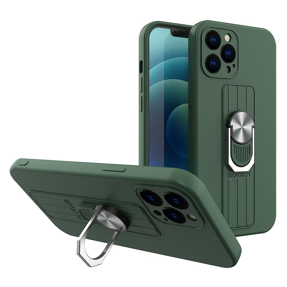 Capa de silicone Ring Case com suporte para dedo e base para iPhone 12 mini na cor verde escuro.