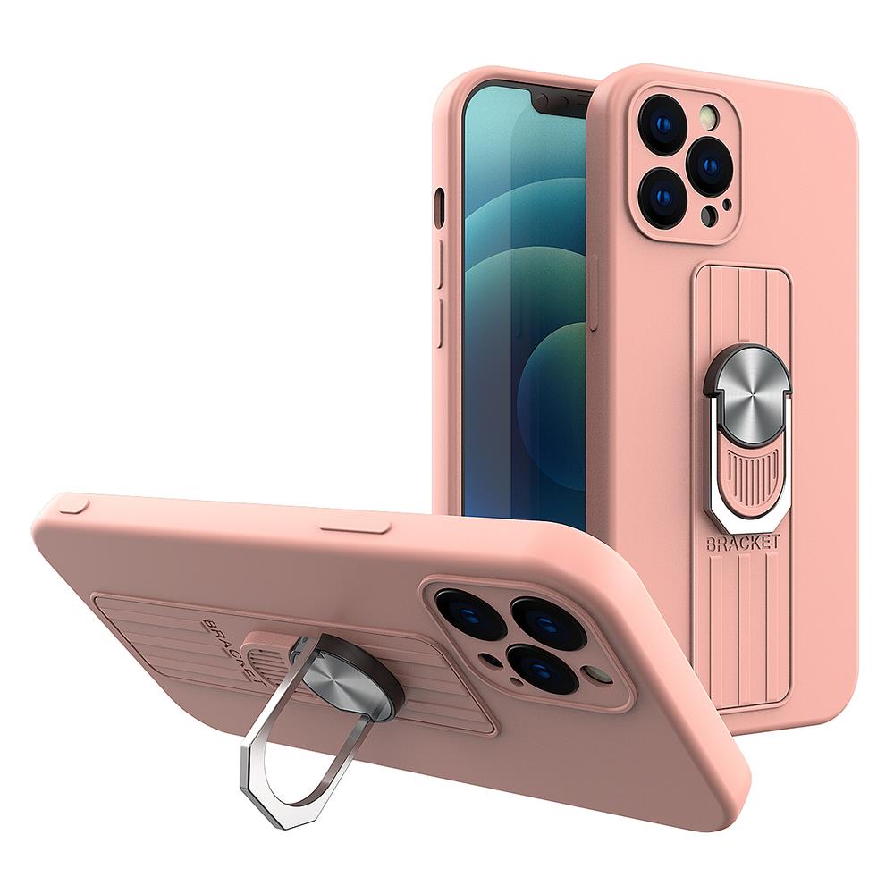 Caso de Anel capa de silicone com suporte para dedo e base para iPhone 12 rosa