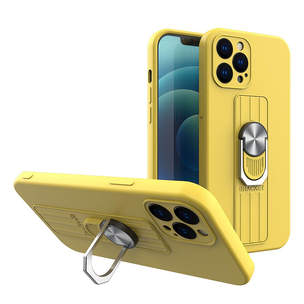 Capa de silicone Ring Case com suporte para dedo e base para iPhone 12 amarelo