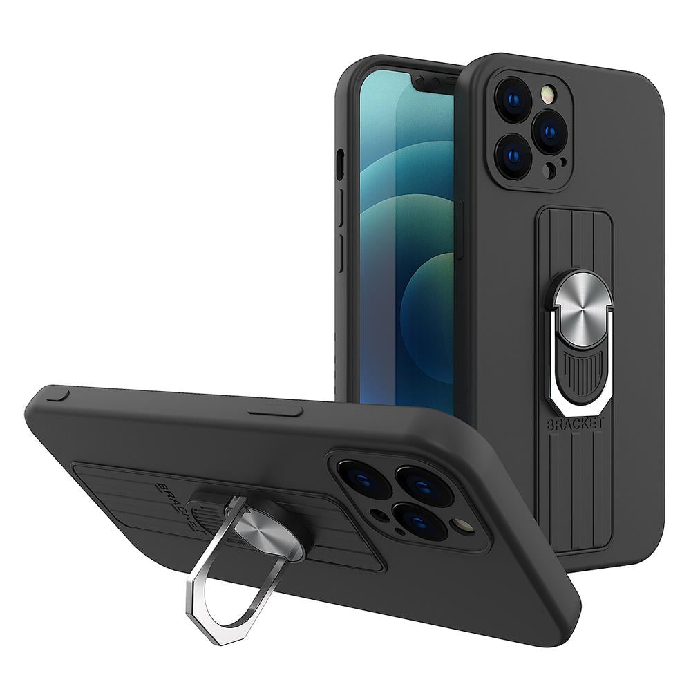Caso de Anel capa de silicone com suporte para dedo e base para iPhone 13 Pro preto