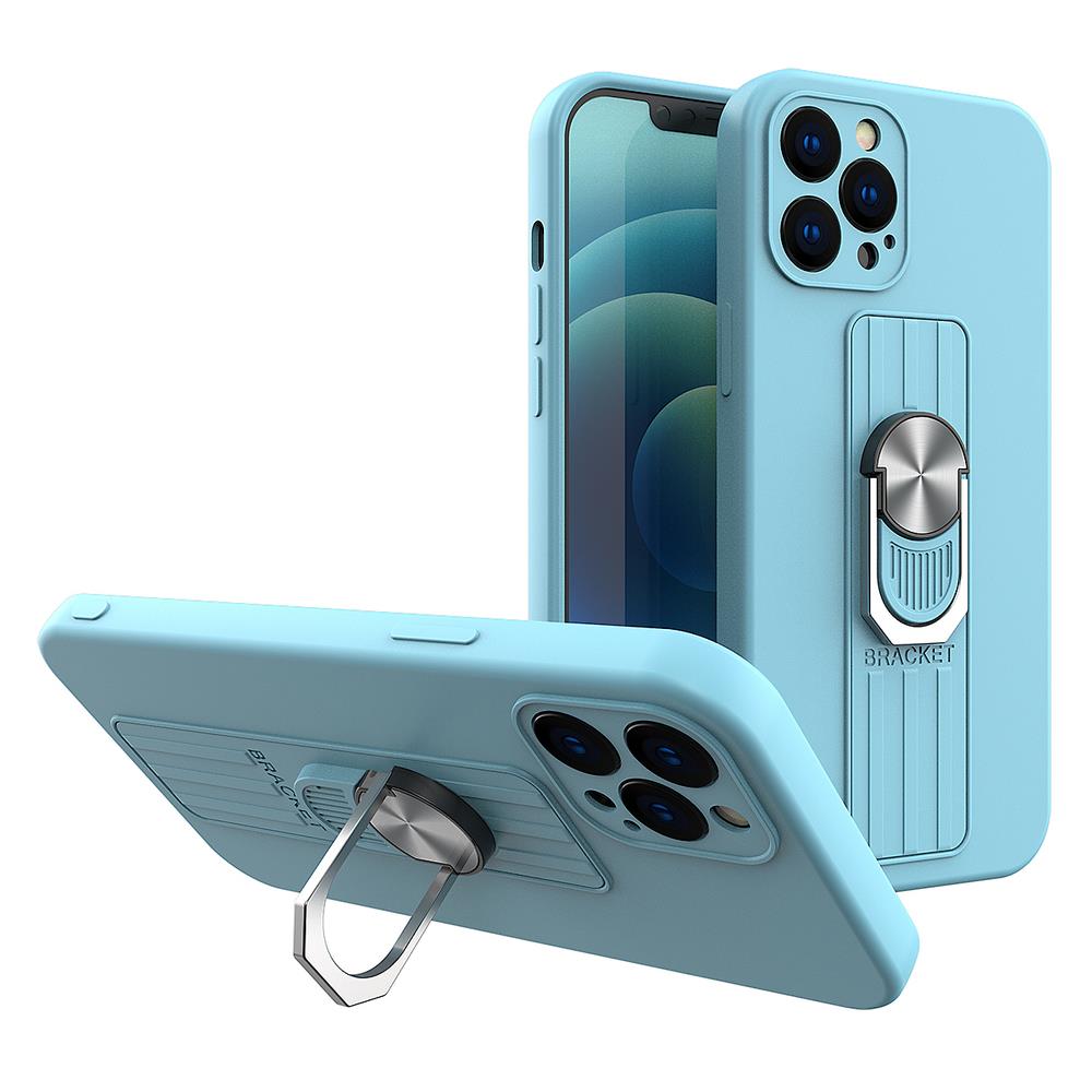 Capa de silicone Ring Case com suporte para dedo e base para iPhone 13 Pro azul claro.