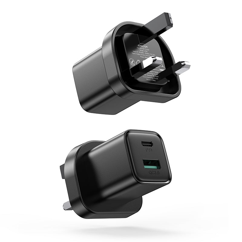 Joyroom carregador rápido de rede UK USB Tipo C + USB 20W PD QC3.0 preto (L-QP207)