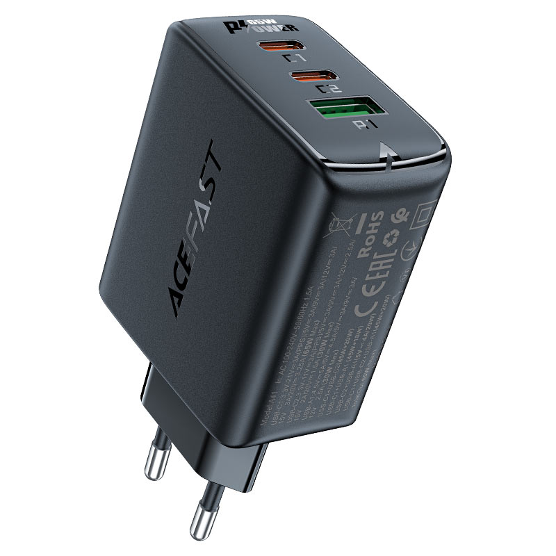Acefast carregador de rede rápido GaN (2xUSB-C / USB-A) PPS / PD / QC4+ 65W preto (A41)