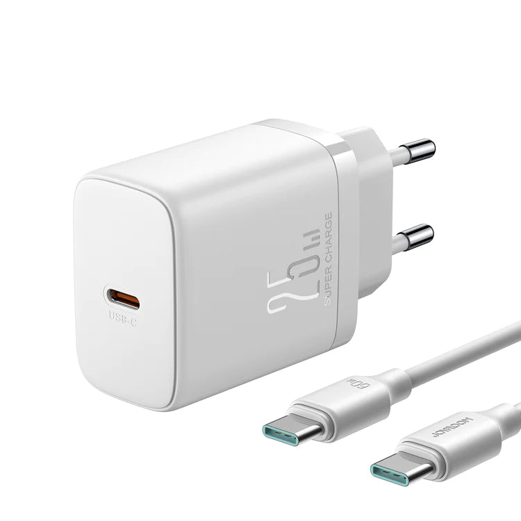 Carregador rápido Joyroom JR-TCF11 de até 25W + cabo USB-C / USB-C 1m - branco