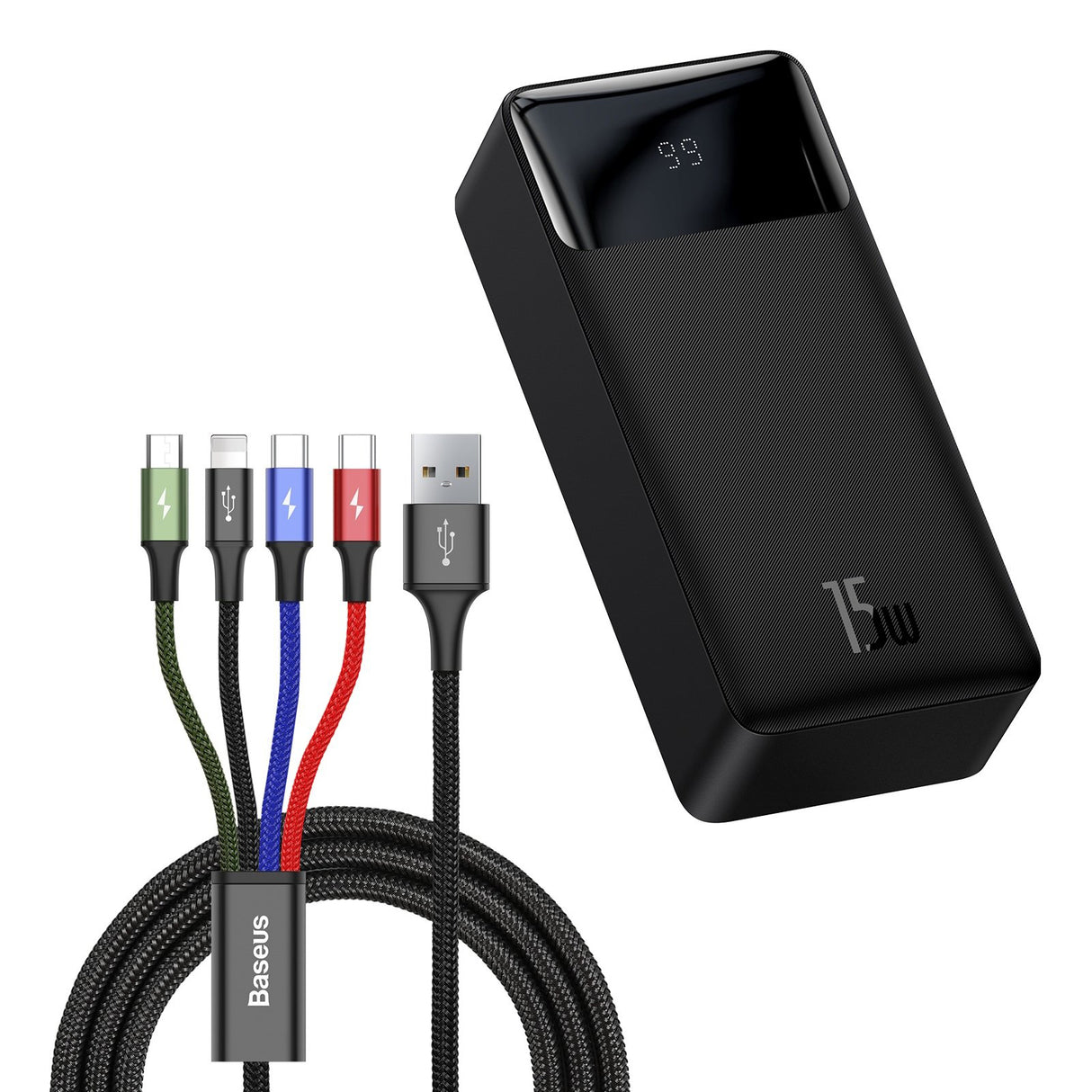 Kit powerbank 30000mAh 15W Baseus Bipow - preto + cabo USB 4 em 1 microUSB / Lightning / 2 x USB-C - USB-A 1.2m - preto