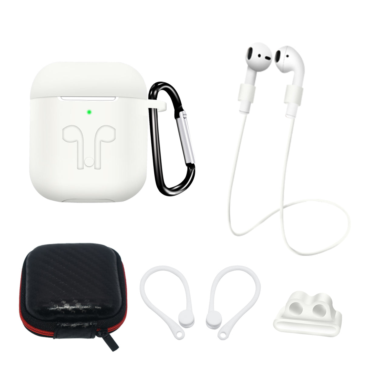 Kit de capa de silicone para AirPods 2 / AirPods 1 + estojo / gancho de orelha / alça de pescoço / suporte para pulseira de relógio / mosquetão - branco