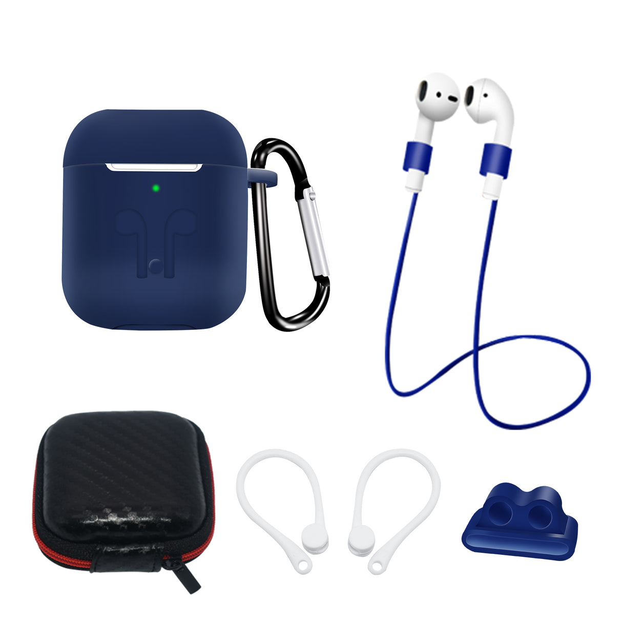 Kit de capa de silicone para AirPods 2 / AirPods 1 + estojo / gancho de orelha / alça de pescoço / suporte para pulseira de relógio / mosquetão - azul