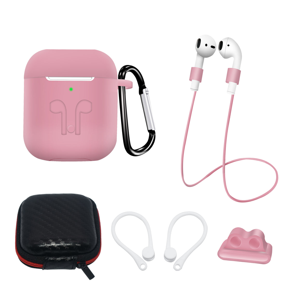 Kit de capa de silicone para AirPods 2 / AirPods 1 + estojo / gancho de orelha / alça de pescoço / suporte para pulseira de relógio / mosquetão - rosa