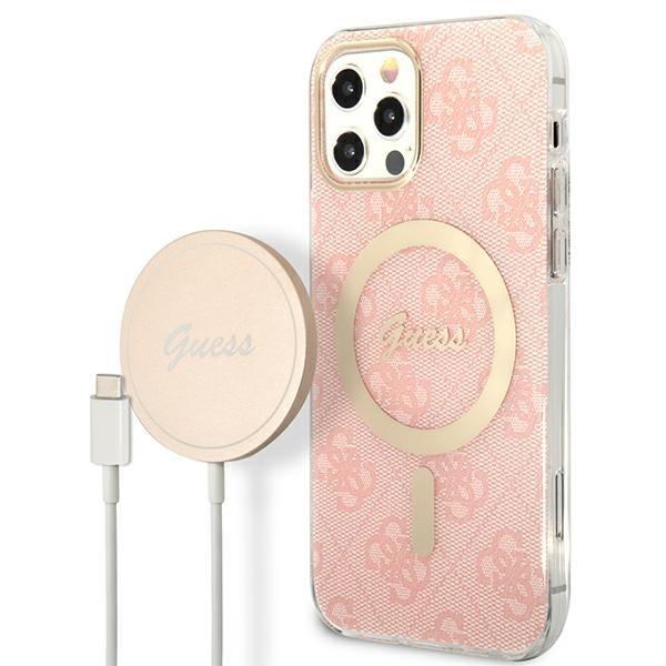 Capa Guess 4G Print MagSafe para iPhone 12 / iPhone 12 Pro + Carregador Indutivo - rosa