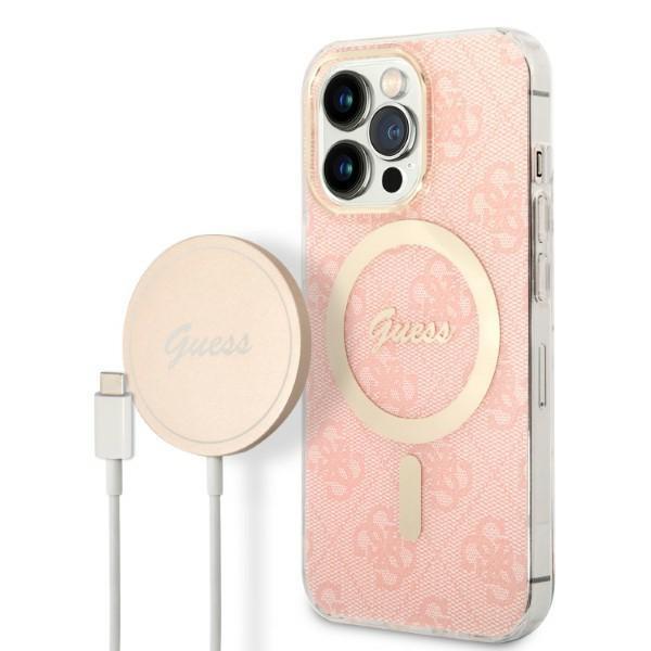 Capa Guess 4G Print MagSafe para iPhone 13 Pro Max + carregador indutivo - rosa