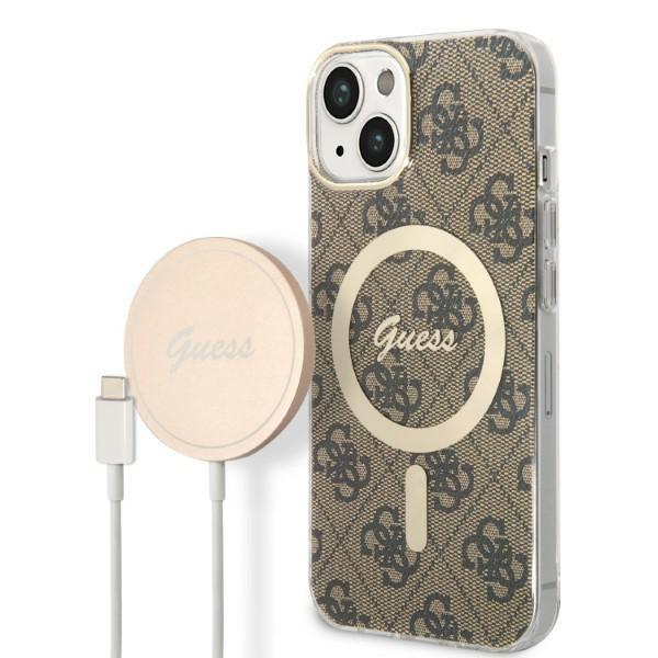 Capa Guess 4G Print MagSafe para iPhone 14 Plus + carregador indutivo - castanho