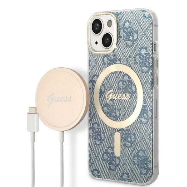 Capa Guess 4G Print MagSafe para iPhone 14 + carregador indutivo - azul