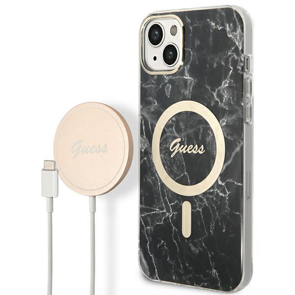 Capa Guess Marble MagSafe para iPhone 14 + carregador indutivo - preto