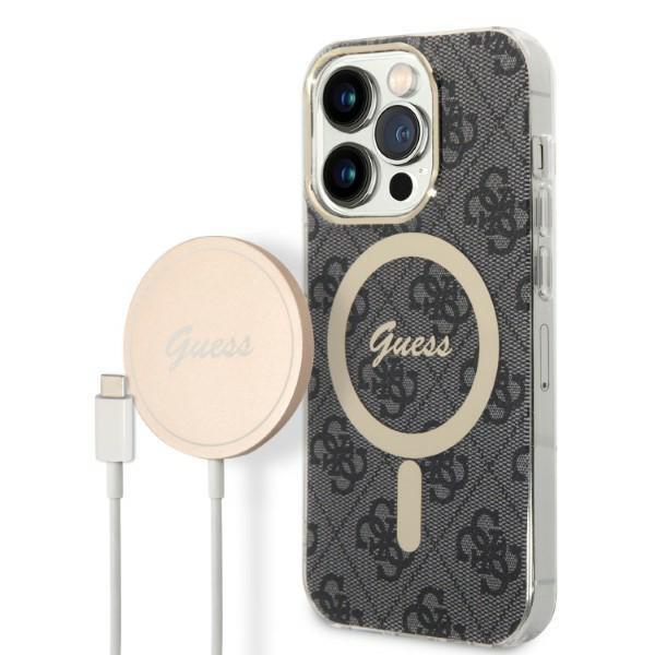 Capa Guess 4G Print MagSafe para iPhone 14 Pro Max + carregador indutivo - preto