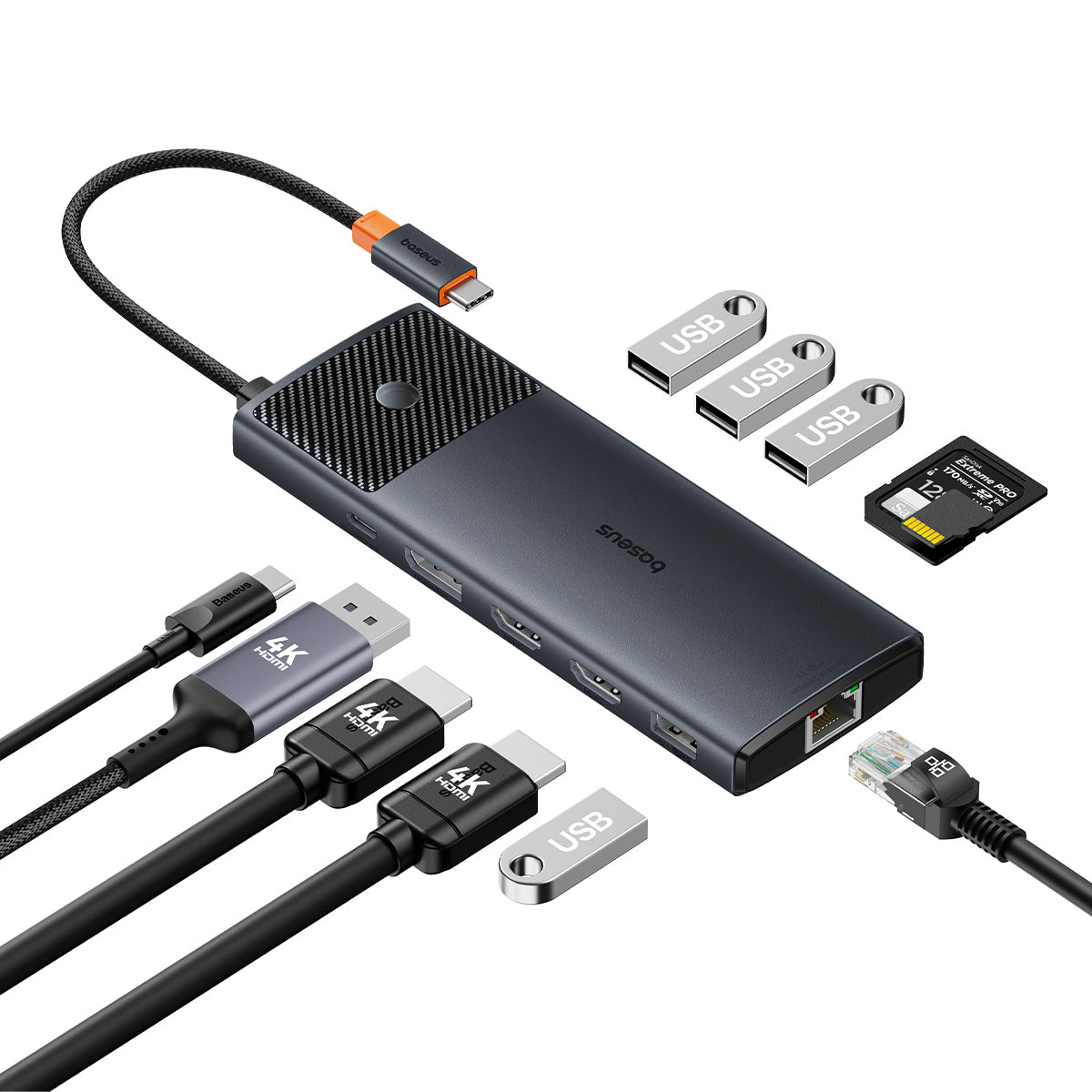 HUB USB 11 em 1 Baseus Metal Gleam Series II USB-A/USB-C PD/HDMI/DP/RJ45/SD/TF - preto
