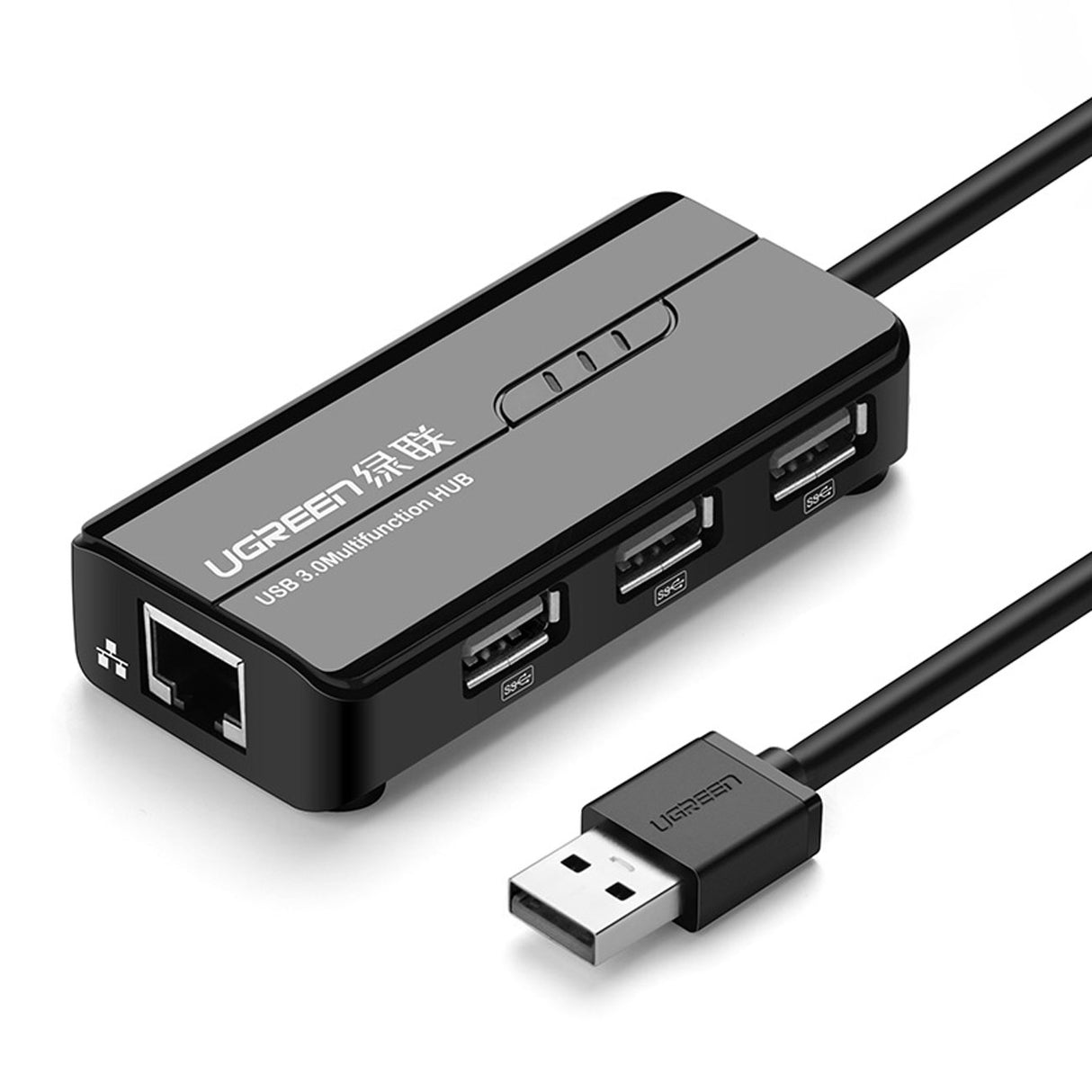 Adaptador de rede Ugreen 20264 RJ45 / USB-A 10/100Mbps HUB com 3 portas USB-A 2.0 - preto