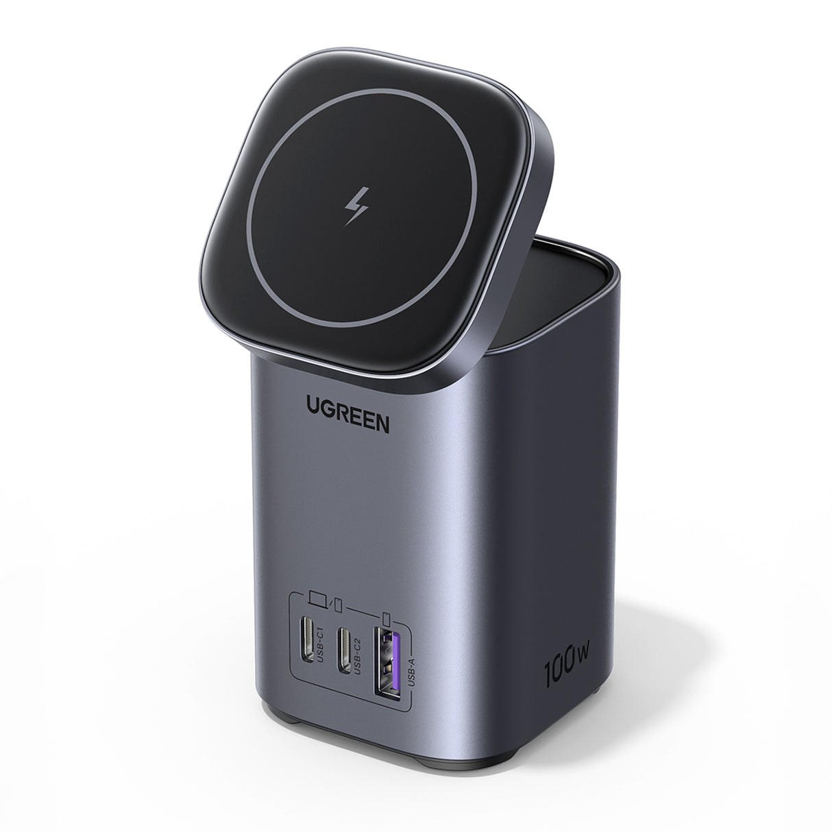 Estação de carregamento Ugreen CD342 100W GaN com 2x USB-C, 1x USB-A e carregamento indutivo Qi MagSafe - cinza