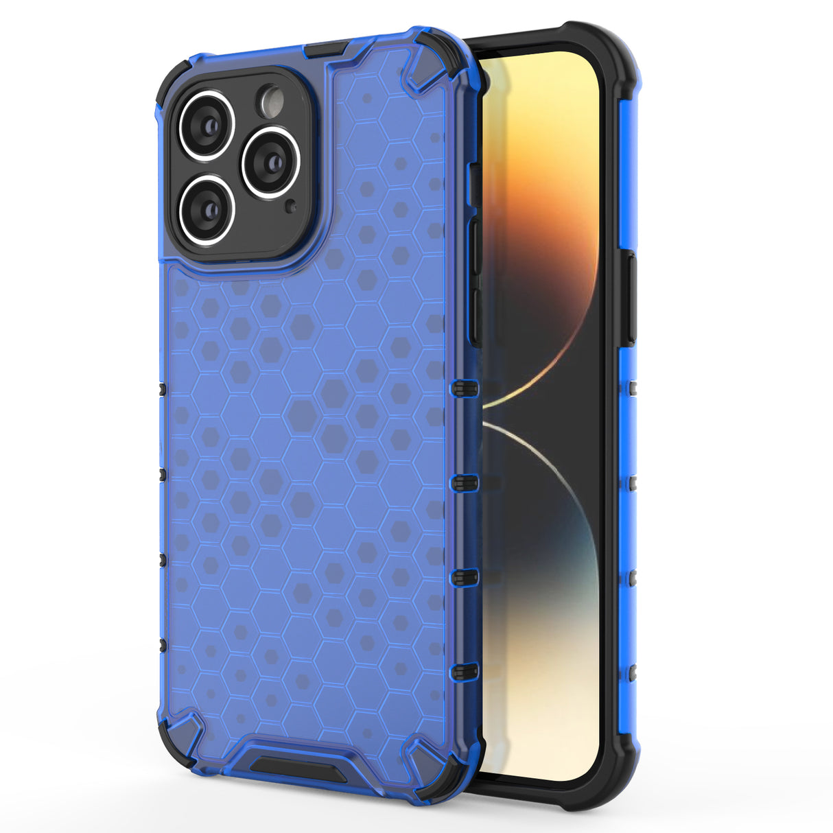 Capa híbrida blindada para iPhone 14 Pro com design de favo de mel na cor azul.