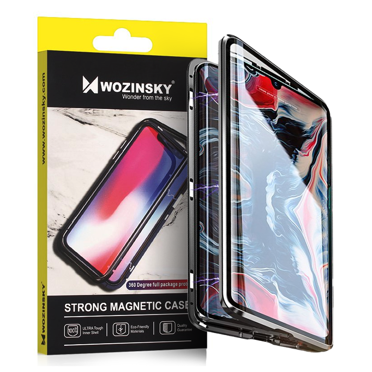 Capa Magnética Completa Wozinsky, capa magnética 360 com proteção frontal e traseira com vidro embutido para Samsung Galaxy A72 4G preto-transparente