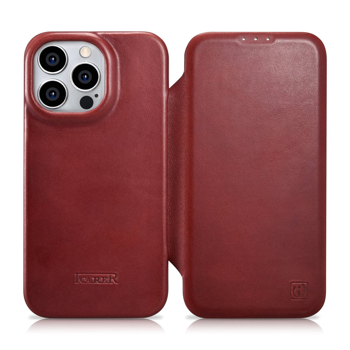 Capa de Couro Premium com Cera de Óleo iCarer CE, Etui de Couro para iPhone 14 Pro com Tampa Magnética MagSafe Vermelha (AKI14220706-RD)